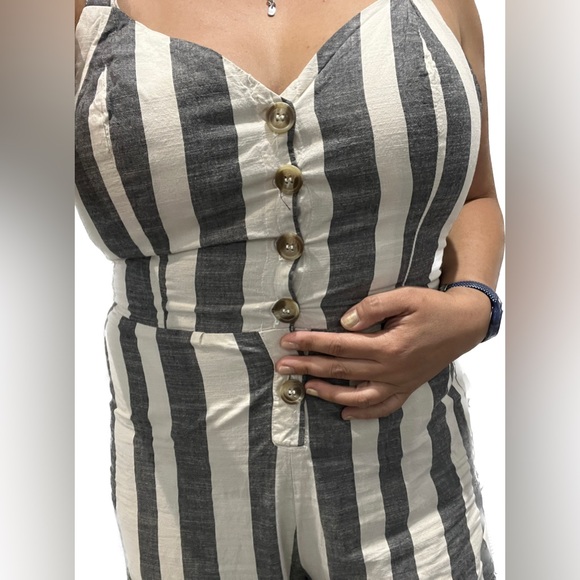 JAPNA Khaki Stripe Linen Romper Jumpsuit Bow Tie Up Back Pant Anthropologie Boho - Picture 3 of 10